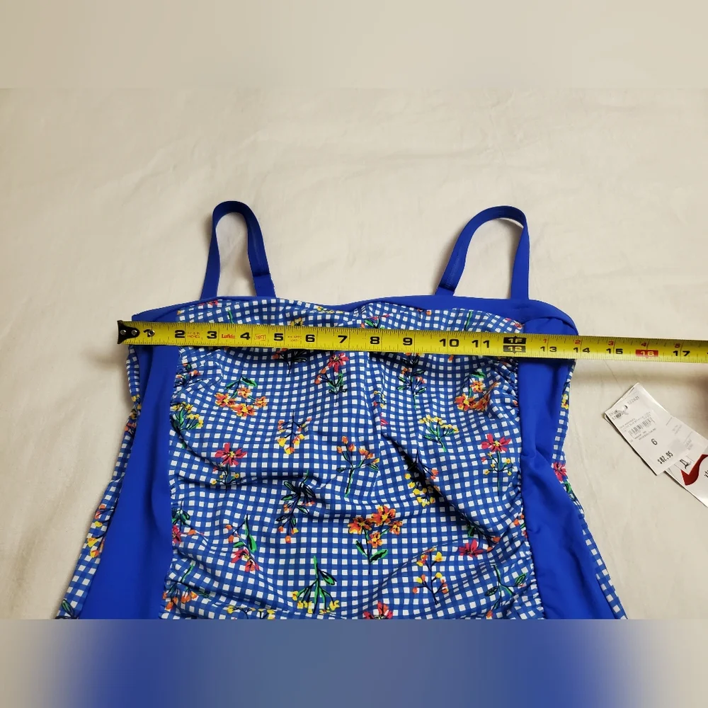 New Lands' End Botanical Check Floral Print Swim Tankini Top Size 6 Classic Boho